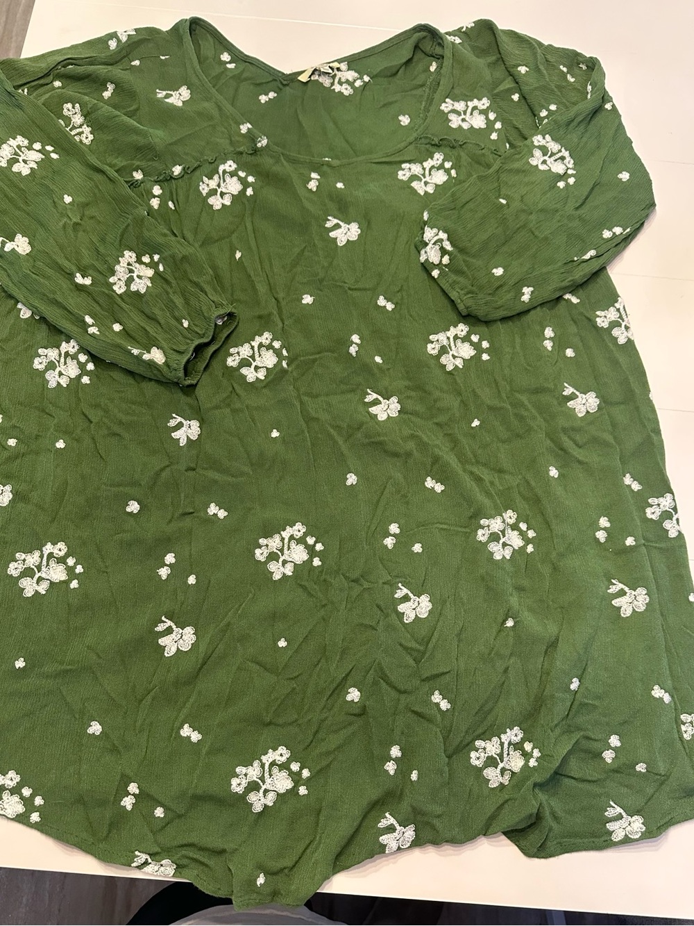 Kori Olive‎ GreenBabydoll Dress with White Floral Embroidery